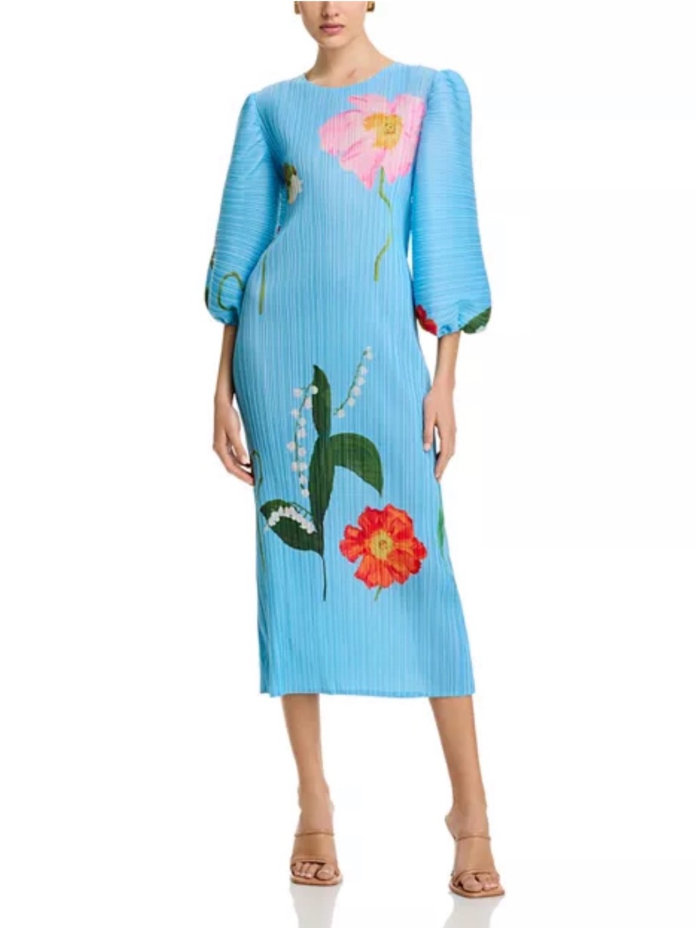 Nancy Yang Blue Crinkled Puff Sleeve Dress Floral Size L Large